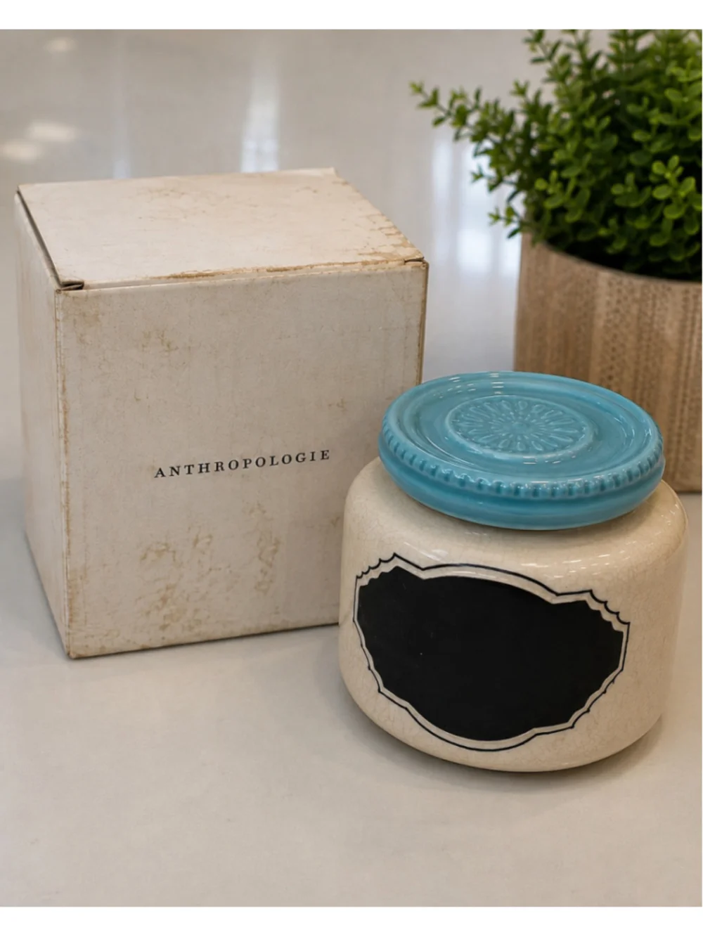 Anthropologie Ceramic Chalkboard Jar Blue Lid w/ Box